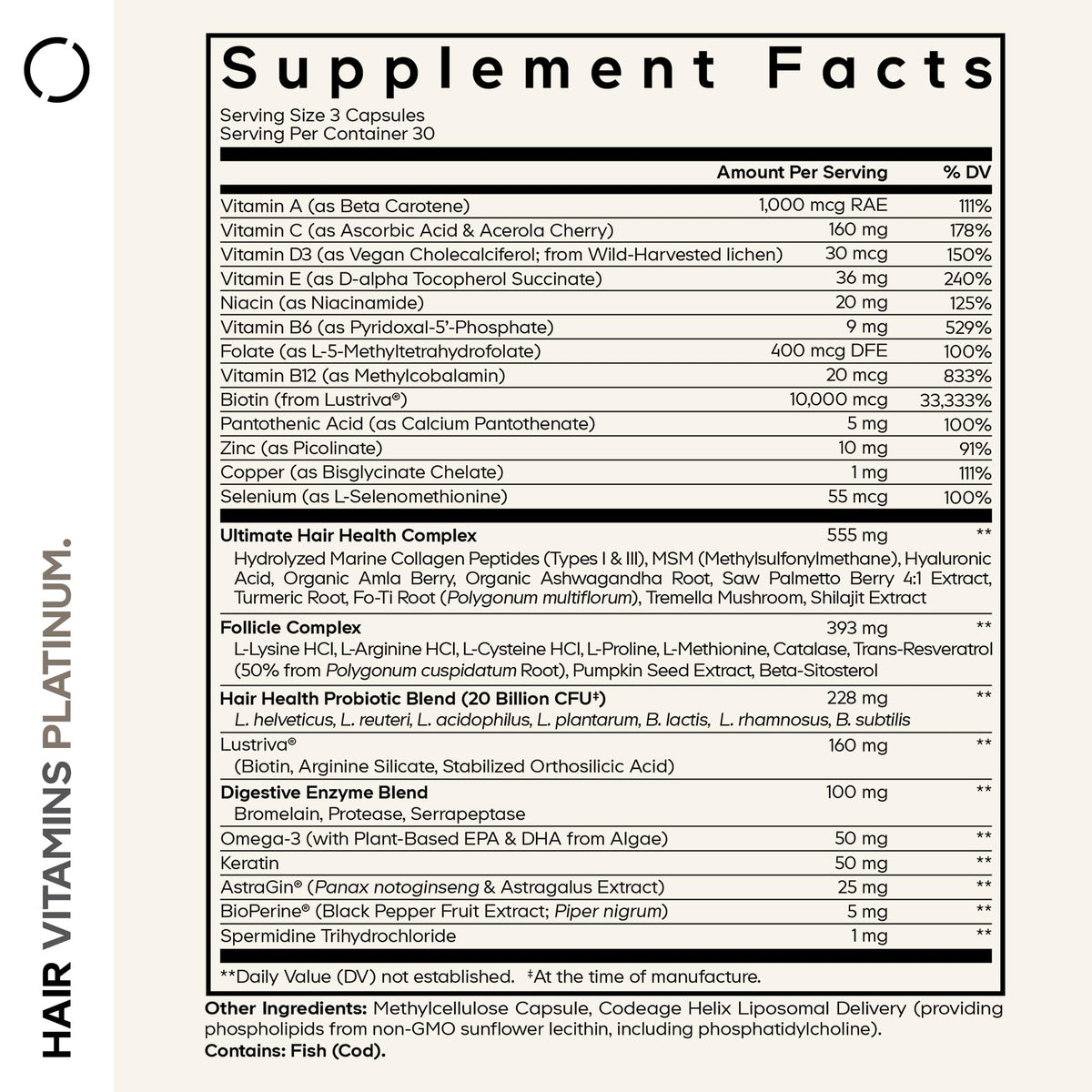 Codeage Hair Vitamins Platinum - Lustriva Hair Growth Support, Spermidine, AstraGin, Biotin, Keratin, Collagen, Enzymes, Omega-3, Multivitamins, Probiotics – Healthy Hair Supplement - 90 Capsules CodeageBuy Supplements Australia