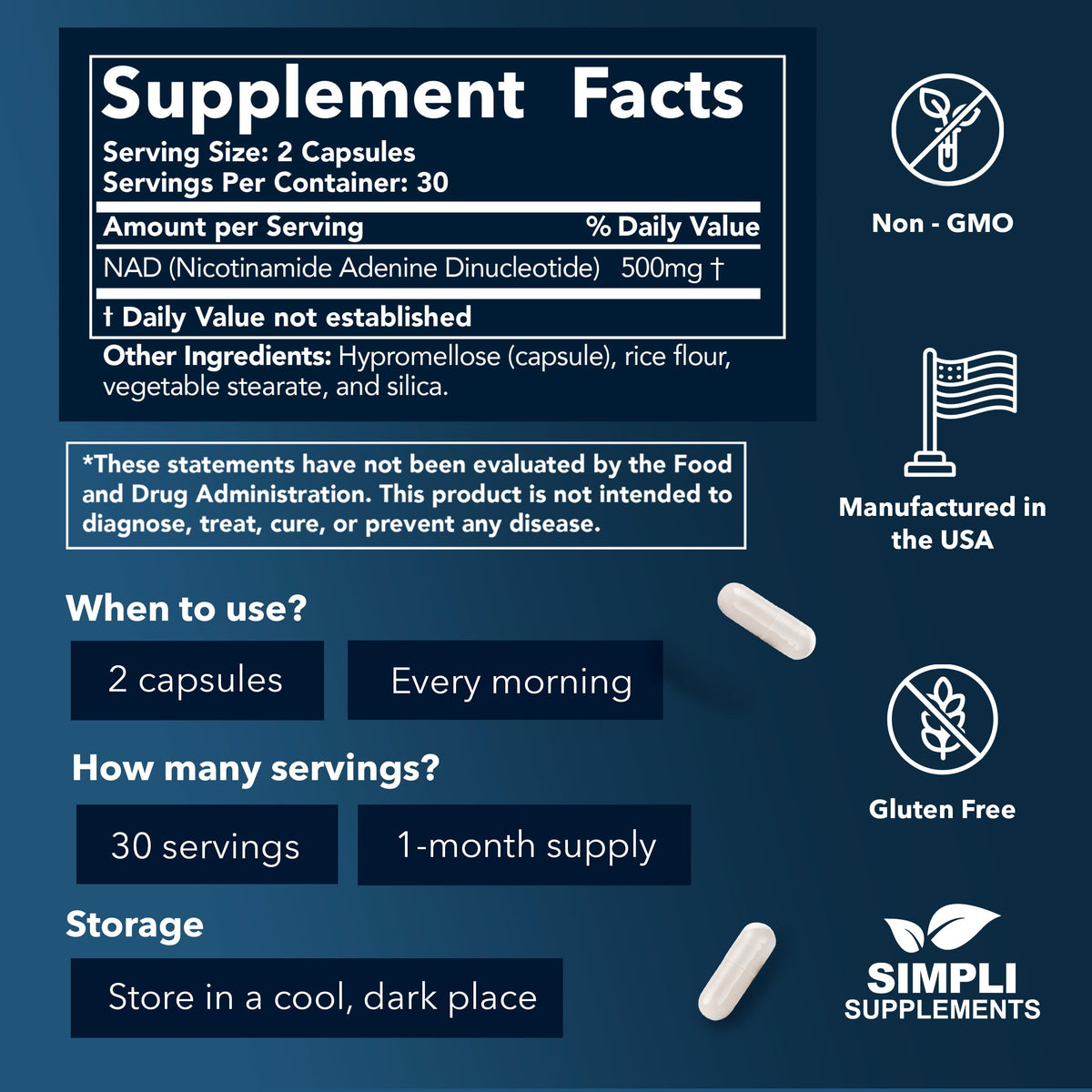 NAD Supplement for Anti-Aging and Cell Regeneration | NAD Booster 500mg Per Serving | NMN Supplement Alternative | Similar to Nicotinamide Riboside | 60 Capsules (30 Day Supply) Simpli SupplementsBuy Supplements Australia