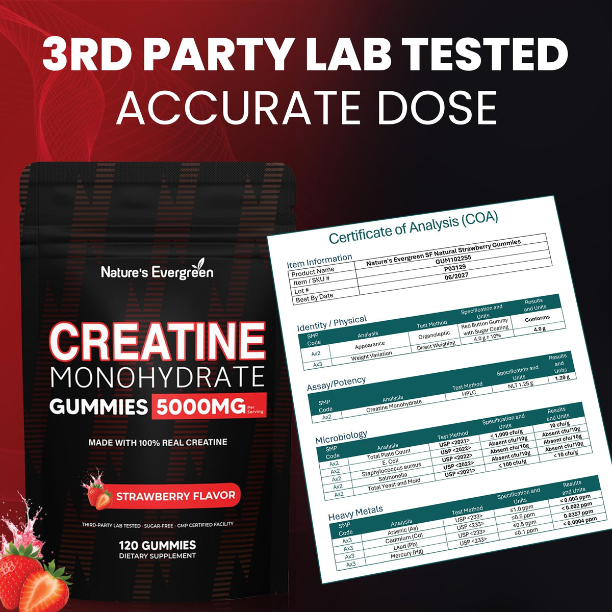 Creatine Monohydrate 5000mg Gummies, Pre-Workout 5g Creatine Gummy Supplement for Men & Women: Muscle Builder & Energy Boost, Sugar Free, Vegan, Strawberry Flavor, (120 Count) Made in USA Nature's EvergreenBuy Supplements Australia