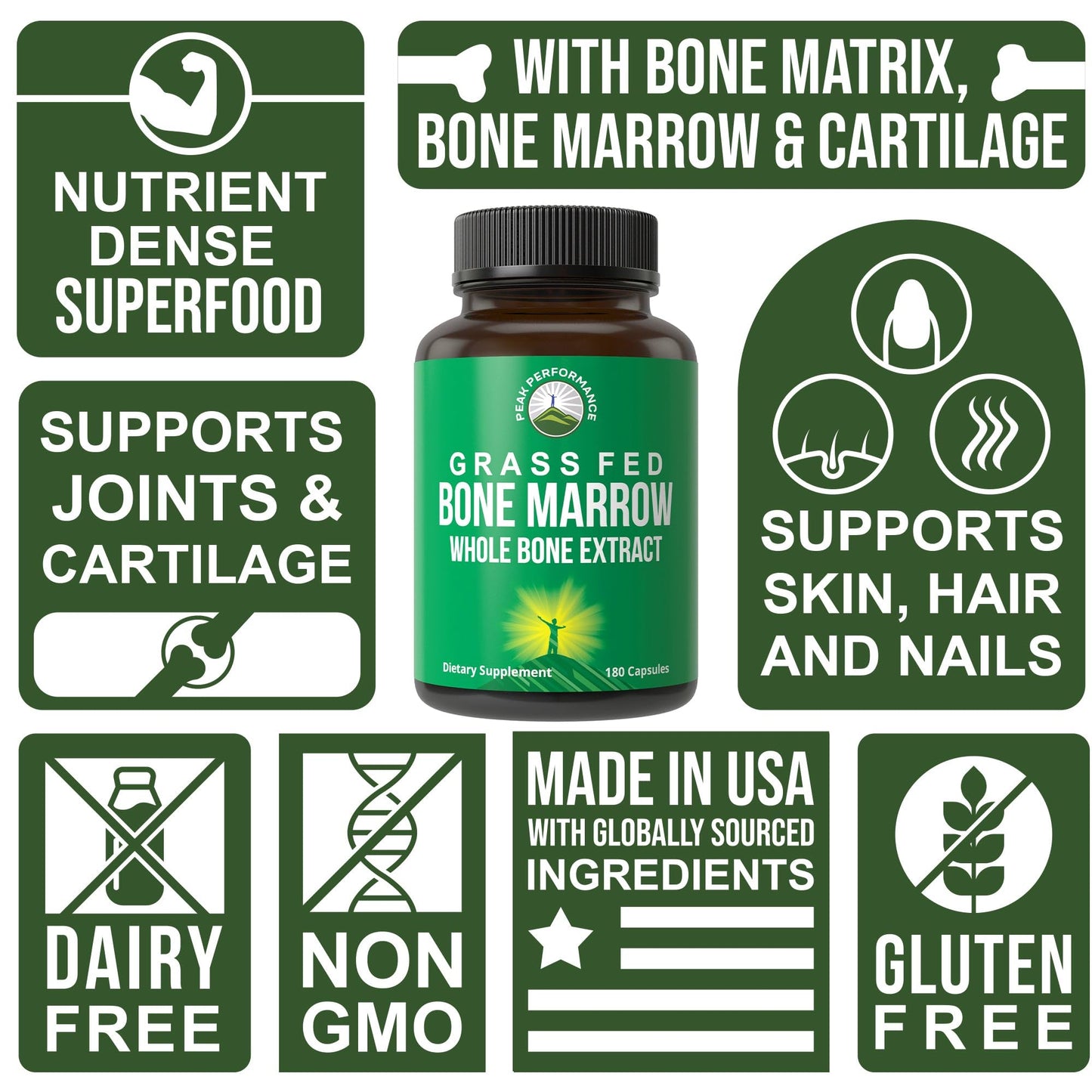 Peak Performance Grass Fed Bone Marrow - Whole Bone Extract Supplement 180 Capsules. Superfood Pills Rich in Collagen, Vitamins, and Amino Acids. from Matrix, Marrow, Cartilage. Ancestral Tablets Peak PerformanceBuy Supplements Australia