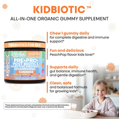 Clean Nutra Kids Probiotics Gummies with Prebiotics, Postbiotics, Digestive Enzymes, Akkermansia, Boswellia Serrata, Turmeric, Chicory – 60 Count – Plant-Based Supplement for Kids – PeachPop Flavor Clean NutraceuticalsBuy Supplements Australia