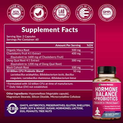 Hormone Balance + Probiotics for Women- Natural Menopause Relief, Weight Management, Bloating, Hot Flashes, PMS | Organic Maca, Chasteberry, Dong Quai & Black Cohosh | Non GMO |120 V Capsules Rainbow Nutrients, LLCBuy Supplements Australia