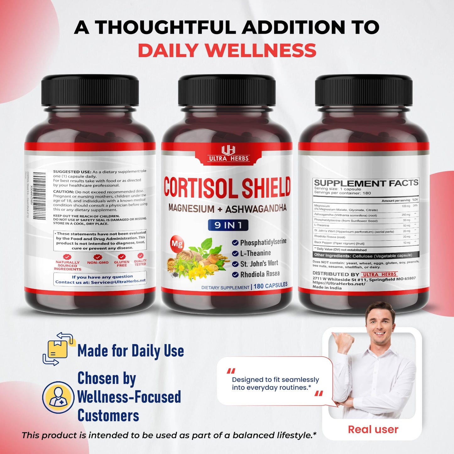 CORTISOL Shield 9-in-1 -Magnesium + Ashwagandha with Phosphatidylserine, L-Theanine, St. John's Wort, Rhodiola Rosea - Relaxation Support, Hormone Balance (180 Count (Pack of 1)) ULTRA HERBSBuy Supplements Australia