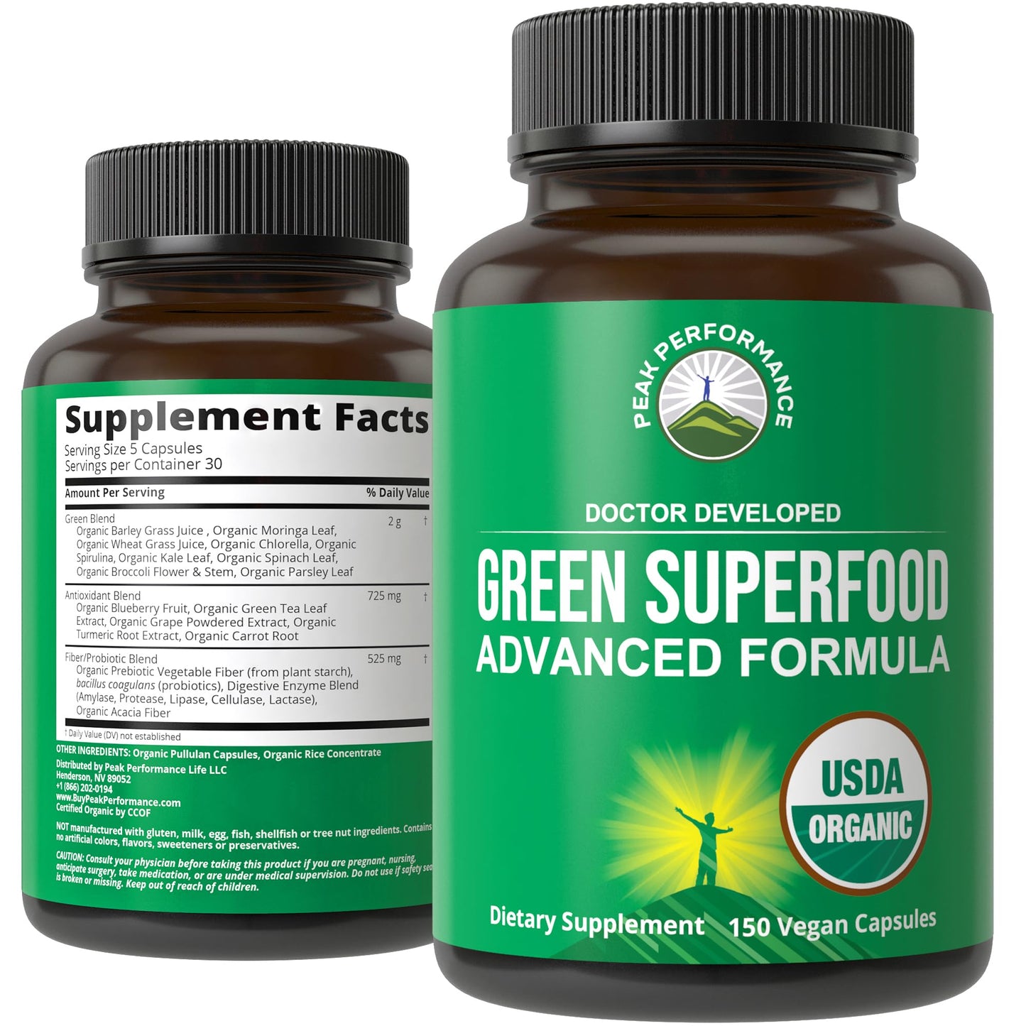 Organic Super Greens 150 Capsules - Green Juice Superfood Supplement with 25 All Natural Organic Ingredients. Max Energy and Detox Super Food Pills with Spirulina, Spinach, Kale, Turmeric, Probiotics Peak PerformanceBuy Supplements Australia