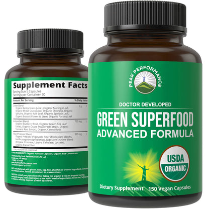 Organic Super Greens 150 Capsules - Green Juice Superfood Supplement with 25 All Natural Organic Ingredients. Max Energy and Detox Super Food Pills with Spirulina, Spinach, Kale, Turmeric, Probiotics Peak PerformanceBuy Supplements Australia