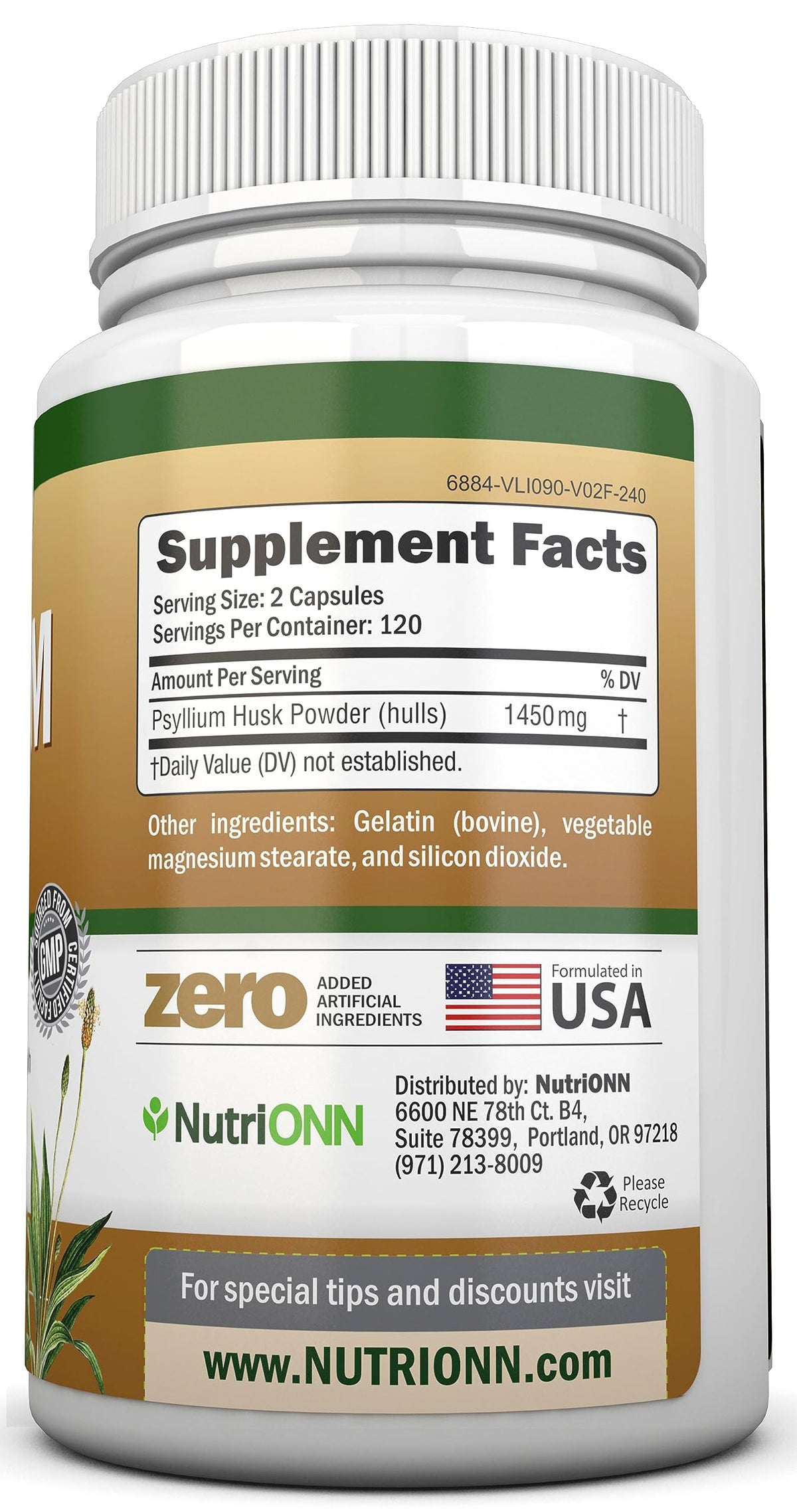 NutriONN PSYLLIUM Husk Capsules - 1450mg Per Serving - 240 Capsules - Double Strength NutriONNBuy Supplements Australia