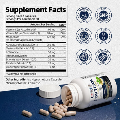Cortisol Supplements for Women & Men,High Cortisol Reducer, Manager, Detox, Lower and Control,with Magnesium, Ashwagandha,Rhodiola, L-Theanine for Mood,Focus,Sleep AlliwiseBuy Supplements Australia