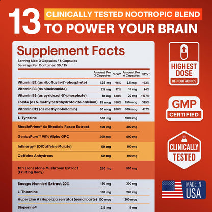 Nootropic Strongest Focus Supplement - Clinically Backed Ingredients Made in USA - Scientifically Backed Doses - Supplement for Brain Fog - AlphaGPC, Lions Mane, Rhodiola and More 10:1 90 Capsules CRTX NutritionBuy Supplements Australia