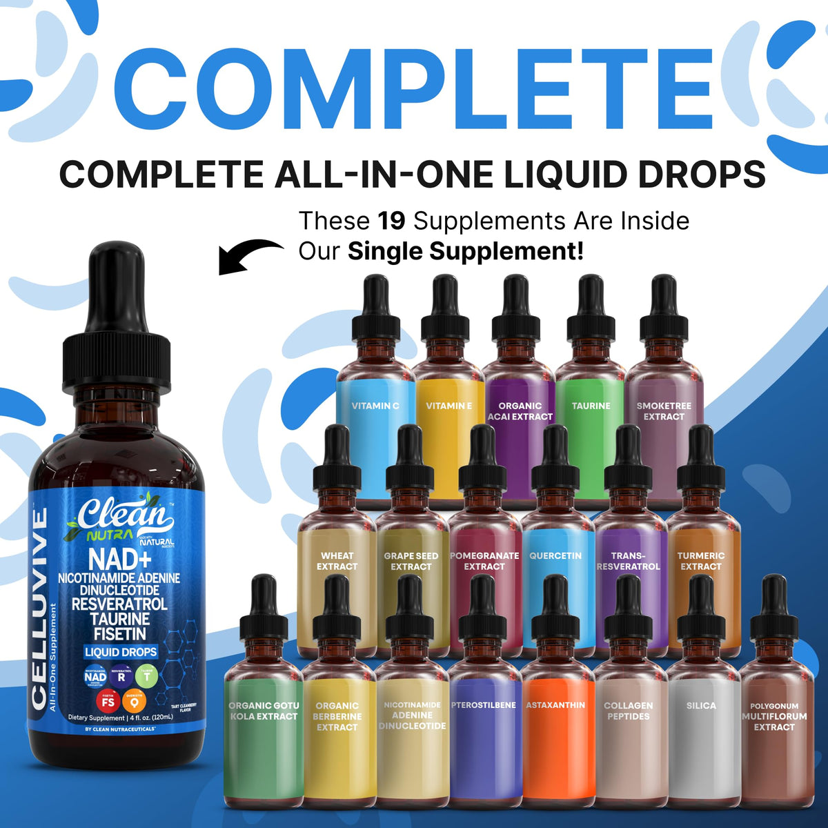 Clean Nutra NAD Liquid Supplement Drops Resveratrol Polyphenols Liposomal Taurine Fisetin Grape Seed Extract Japanese Knotweed Fo Ti Anti Aging NAD+ Nicotinamide Adenine Dinucleotide for Women & Men Clean NutraceuticalsBuy Supplements Australia