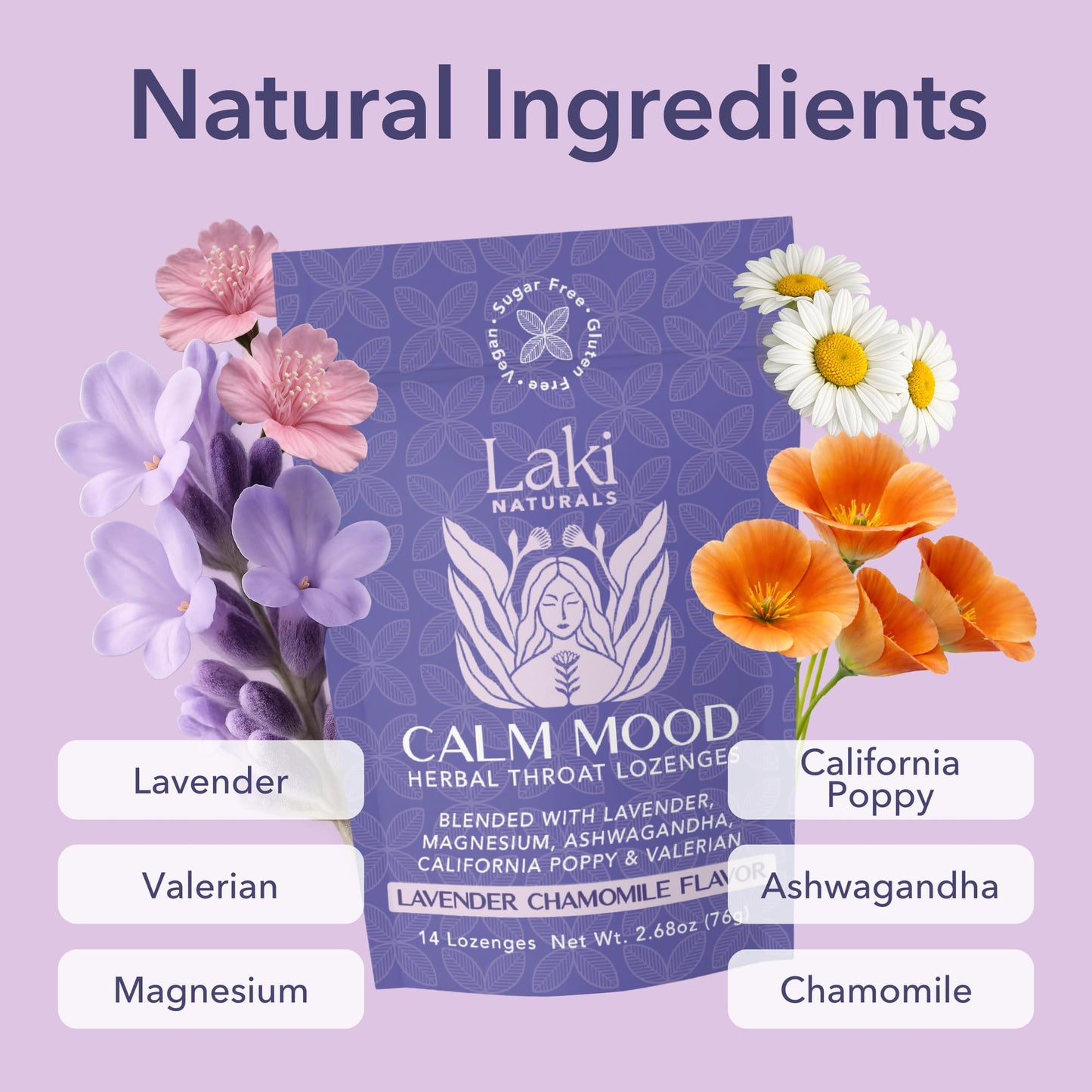 Laki Naturals Lavender Chamomile Calm Mood Functional Herbal Lozenges (14ct) Throat & Calming Hard Candies with Magnesium, Ashwagandha, California Poppy & Valerian. Vegan, Sugar Free, Gluten Free Laki Naturals buy supplements Au