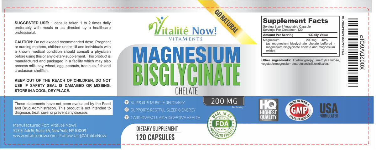 Vitalité Now! Magnesium Bisglycinate 200mg - 100% Chelated Capsules for Superior Absorption - Gentle Formula, No Laxative Effect - Sleep Energy Cramps Muscle Support - Fully Reacted & Buffered Vitalité Now!Buy Supplements Australia