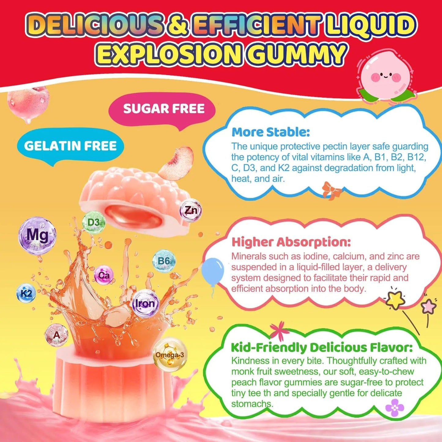 Fajeckma Organic Kids Multivitamin Gummies: Sugar Free Multi Vitamin Gummy with Vitamins D3 Iron Omega Probiotic Elderberry Calcium Zinc Dha Fajeckma