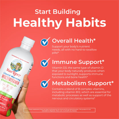MaryRuth Organics Liquid Morning Multivitamin Essentials+ | Vitamin A C D E B6 B12 Biotin Zinc, Mens Womens Multivitamin, Immune Support, Beauty | Sugar Free | Vitamins for Ages 1+ | Vegan | 32 Fl Oz MARYRUTH'SBuy Supplements Australia