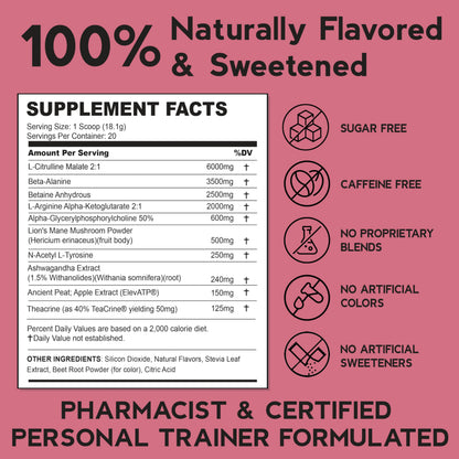 THENTIC Caffeine Free Pre Workout - Naturally Flavored & Sweetened Nootropic Non-Stim Pre Workout Supplement- Laser Focus, Energy, Strength, Endurance, Power (Pink Lemonade)
