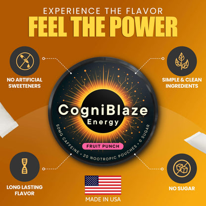 CogniBlaze Caffeine Pouches (Fruit Punch) | Nootropic Energy Pouches with 50mg Caffeine, Alpha GPC, L-Tyrosine & L-Theanine | Zero Sugar | No Artificial Sweeteners | 4 Pack (80 Total) CogniBlazeBuy Supplements Australia