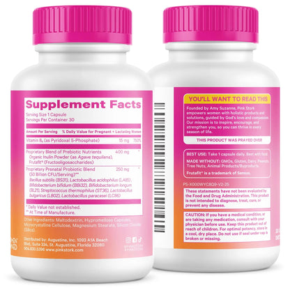 Pink Stork Prenatal Probiotic for Women with 50 Billion CFU | Vitamin B6 & Prebiotics | Pregnancy Probiotics for Morning Sickness | Digestive, Immune, & Gut Health | Vegan & Gluten-Free | 30 Capsules Pink Stork buy supplements Au