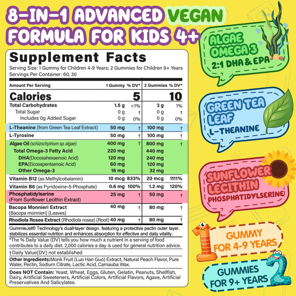 Kids Focus Gummies - Brain Supplements with Vegan Omega 3 DHA, Phosphatidylserine, L-Theanine, L-Tyrosine, Methylated B6 & B12 for Kids & Teen Support Attention, Memory, Nootropic, Sugar Free 60cts NEVISSBuy Supplements Australia