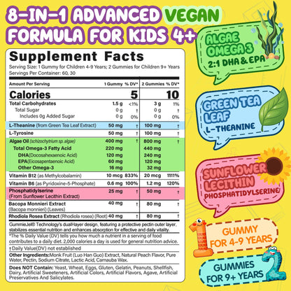 Kids Focus Gummies - Brain Supplements with Vegan Omega 3 DHA, Phosphatidylserine, L-Theanine, L-Tyrosine, Methylated B6 & B12 for Kids & Teen Support Attention, Memory, Nootropic, Sugar Free 60cts NEVISSBuy Supplements Australia