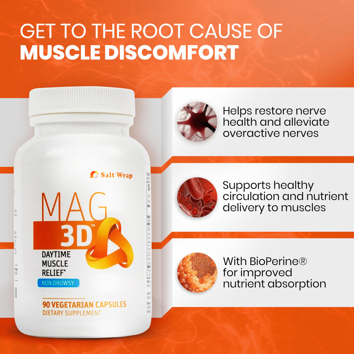 SaltWrap Mag 3D – Daytime (Non-Drowsy) Leg Cramp & Muscle Relief Support - Natural Supplement for Muscle and Nerve Health with Turmeric, Alpha Lipoic Acid & Magnesium SaltWrapBuy Supplements Australia