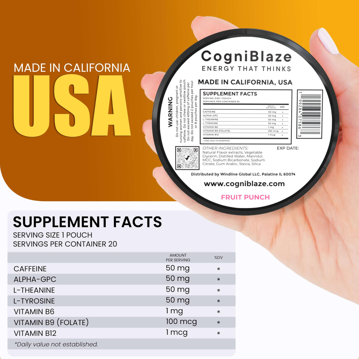CogniBlaze Caffeine Pouches (Fruit Punch) | Nootropic Energy Pouches with 50mg Caffeine, Alpha GPC, L-Tyrosine & L-Theanine | Zero Sugar | No Artificial Sweeteners | 4 Pack (80 Total) CogniBlazeBuy Supplements Australia