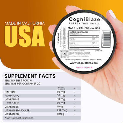 CogniBlaze Caffeine Pouches (Fruit Punch) | Nootropic Energy Pouches with 50mg Caffeine, Alpha GPC, L-Tyrosine & L-Theanine | Zero Sugar | No Artificial Sweeteners | 4 Pack (80 Total) CogniBlazeBuy Supplements Australia