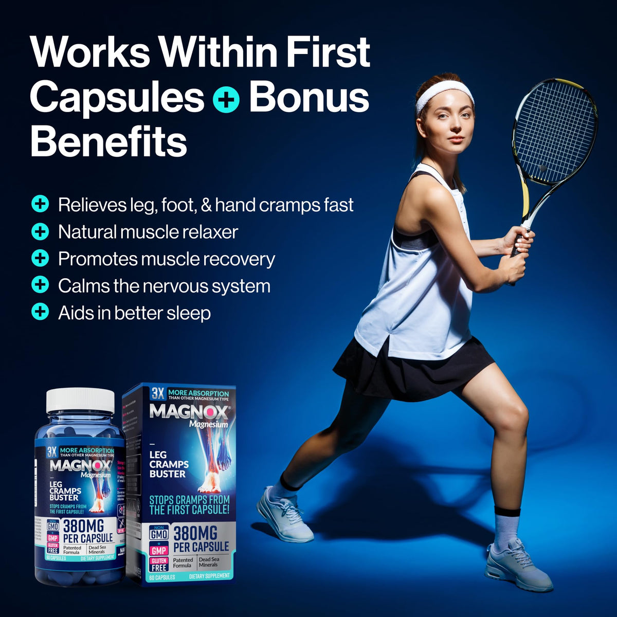 MAGNOX® Buster | Patented Clinically Tested 380mg Magnesium Supplement for Spasms & Leg Cramps at Night | One Capsule a Day for Almost Full Dosage | 3X More Absorption | Dead Sea Minerals (60 Caps) MAGNOXBuy Supplements Australia