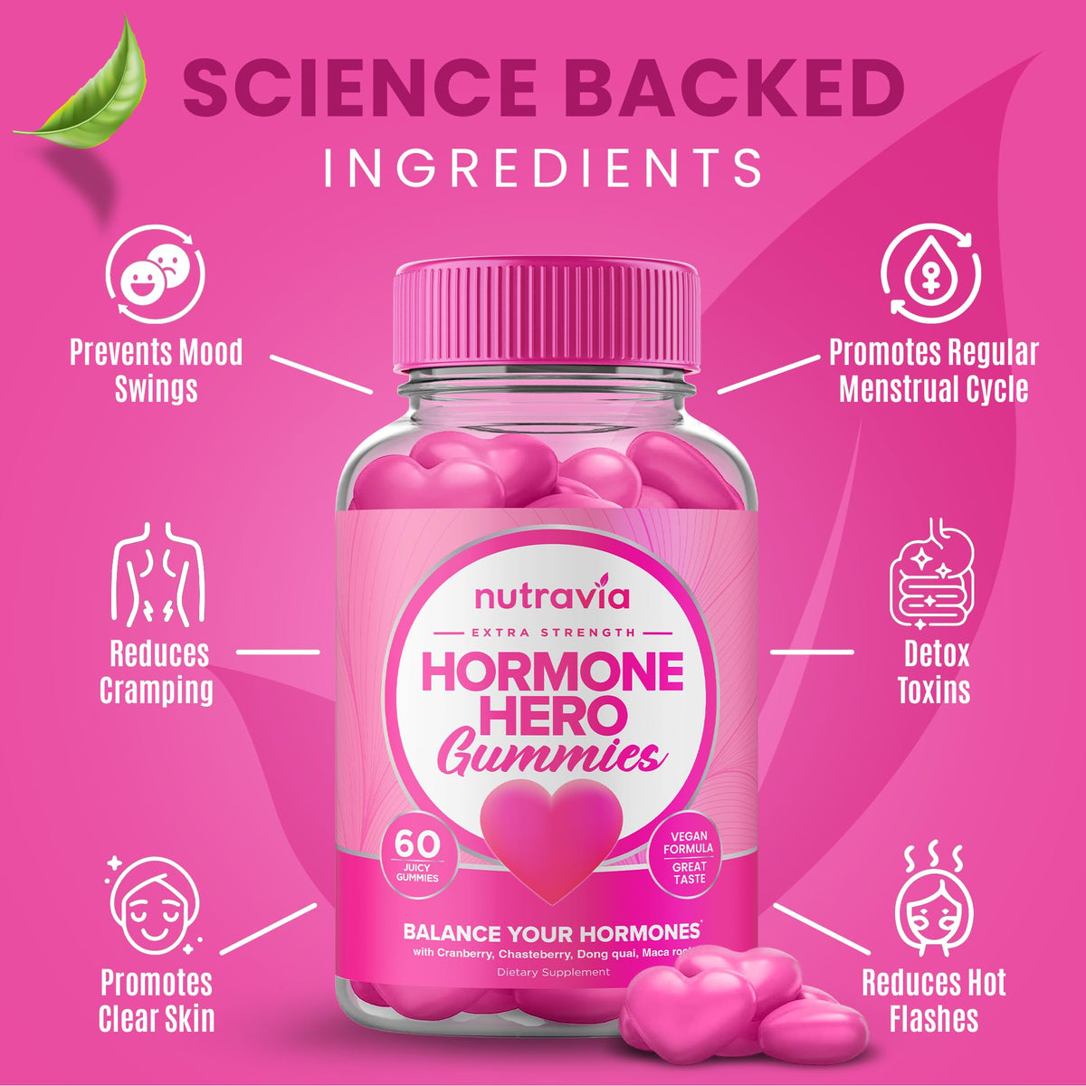 Hormone Balance For Women Gummies + PMS Relief Supplement - Supports Mood Swings, Clear Skin, Reduced Cramps and Bloating - Hormonal PMS Gummies PCOS Vitamin with Cranberry, Dong Quai (60 Gummies) NutraviaBuy Supplements Australia