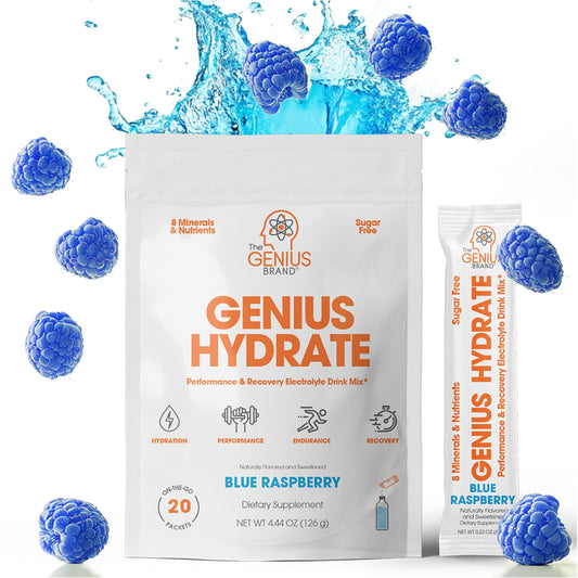 The Genius Brand - Genius Hydrate Stick Pack Powder Drink Mix – Blue Raspberry Flavor, Natural Electrolyte Booster with Coconut Water & Potassium for Ultimate Hydration - 20 Packets The Genius BrandBuy Supplements Australia