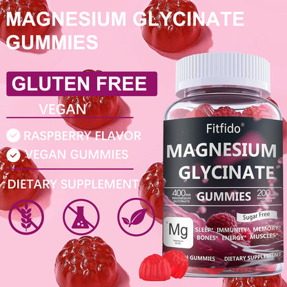 Magnesium Glycinate Gummies 400mg, Chewable Sugar Free Magnesium Supplement with Magnesium Glycinate, Magnesium Malate and Protein for Sleep, Relaxation, Brain & Muscle - Vegan (60 Count, Raspberry) FitfidoBuy Supplements Australia
