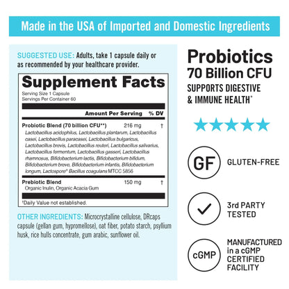 NatureWise Probiotics 70 Billion CFU - 17 Strains + Organic Prebiotics - Immune, Digestive & Gut Health Support for Women & Men - Vegetarian, Gluten-Free, Non-GMO - 60 Capsules[2-Month Supply] NatureWiseBuy Supplements Australia