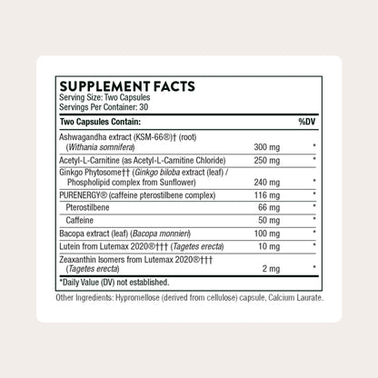 THORNE - Memoractiv - Nootropic Brain Supplement for Focus, Creativity, and Concentration - Ashwagandha, Ginkgo, Lutemax, Bacopa, Pterostilbene - Gluten-Free, Dairy-Free* - 60 Capsules - 30 Servings THORNEBuy Supplements Australia