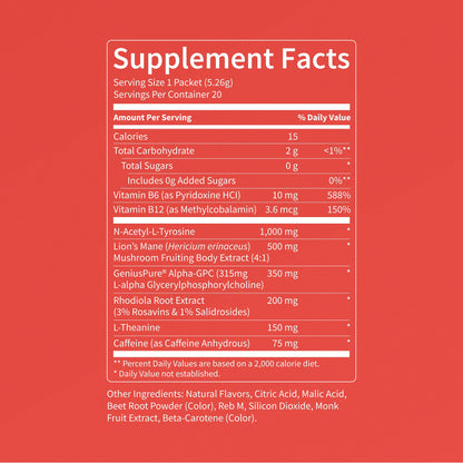 Nello Superfocus – Nootropic Focus Drink Mix for Productivity, Caffeine, L-Theanine, Rhodiola Rosea, Alpha-GPC, Lion’s Mane, Tyrosine, Sugar-Free Packets - With Caffeine (Pack of 20) (20 Servings (Caffeine), Fruit Punch) NelloBuy Supplements Australia