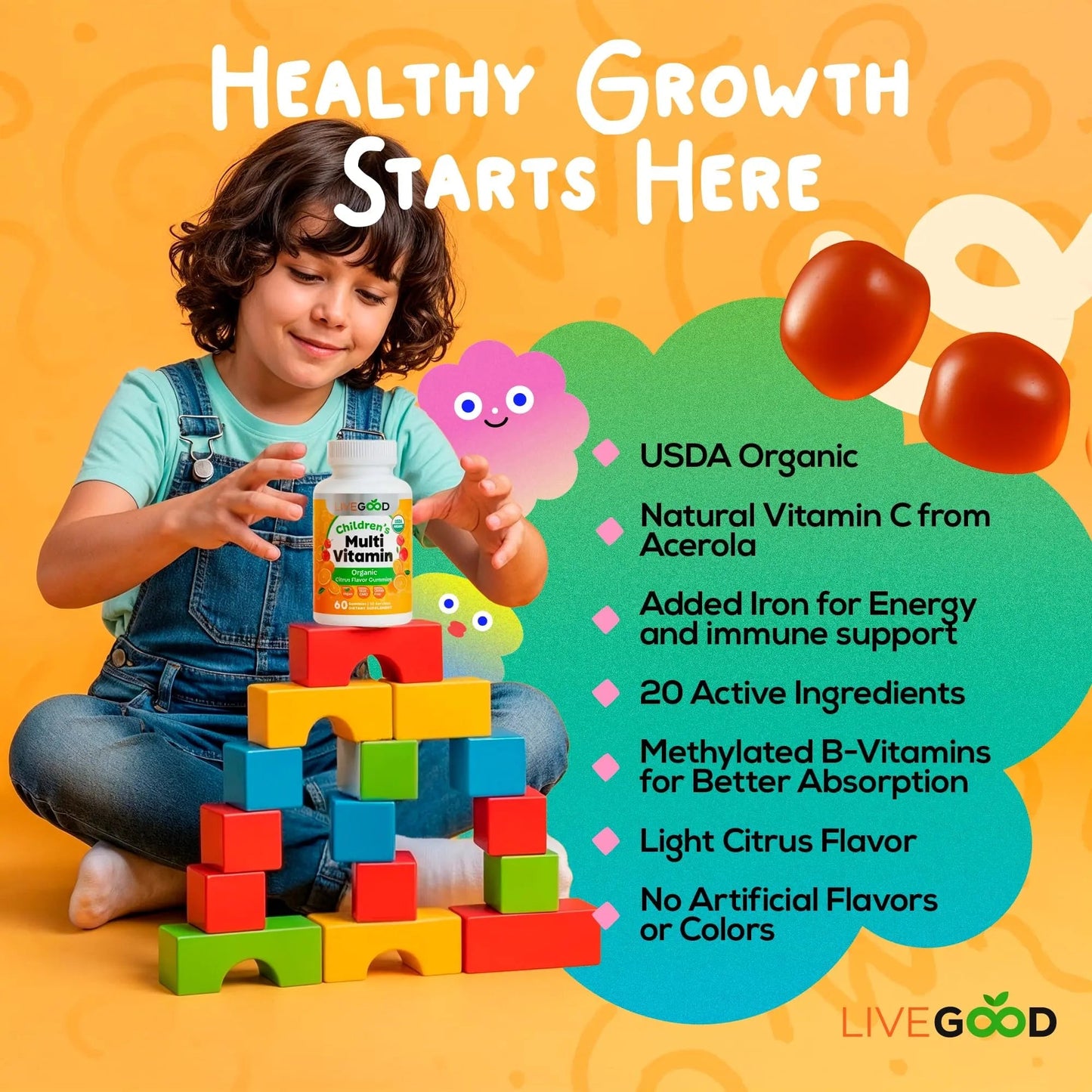 LIVEGOOD Organic Children’s Multivitamin Gummies, Kids Multivitamin, Vitamin D for Toddlers and Children, Organic Kids Chewable Vitamins for Immunity LIVEGOOD