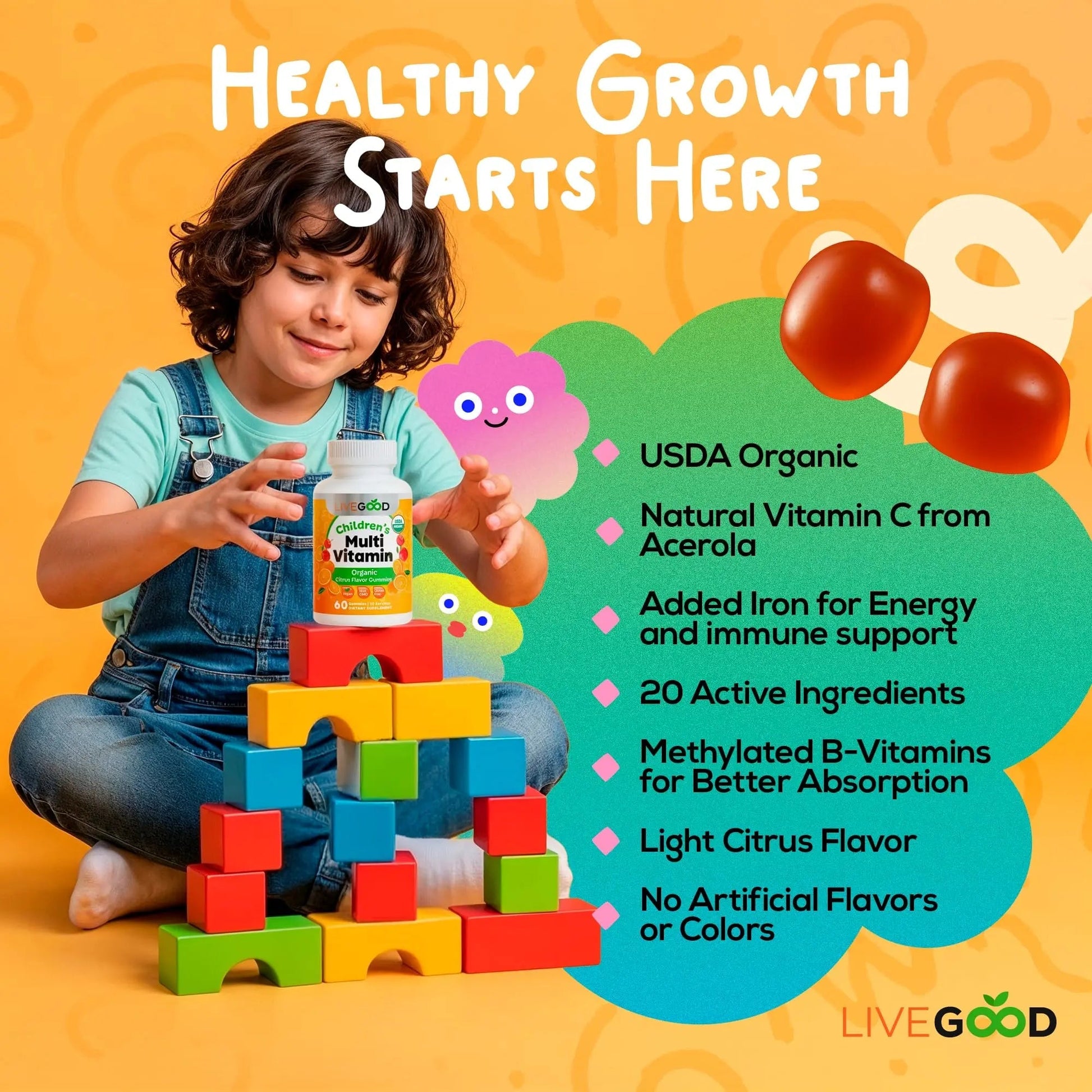 LIVEGOOD Organic Children’s Multivitamin Gummies, Kids Multivitamin, Vitamin D for Toddlers and Children, Organic Kids Chewable Vitamins for Immunity LIVEGOOD