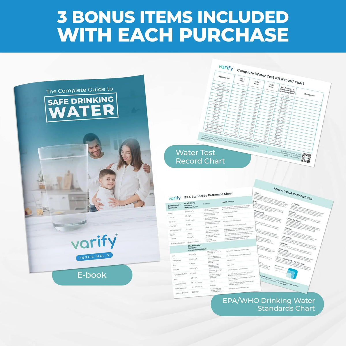 Varify 17in1 Complete Drinking Water Test Kit - 100 Strips + 2 Bacteria Tester Kits - Well, Tap, Home, City Water Testing Strip for Lead, Alkaline, Chlorine, Hardness, Iron, Fluoride, Copper & More VARIFYBuy Supplements Australia
