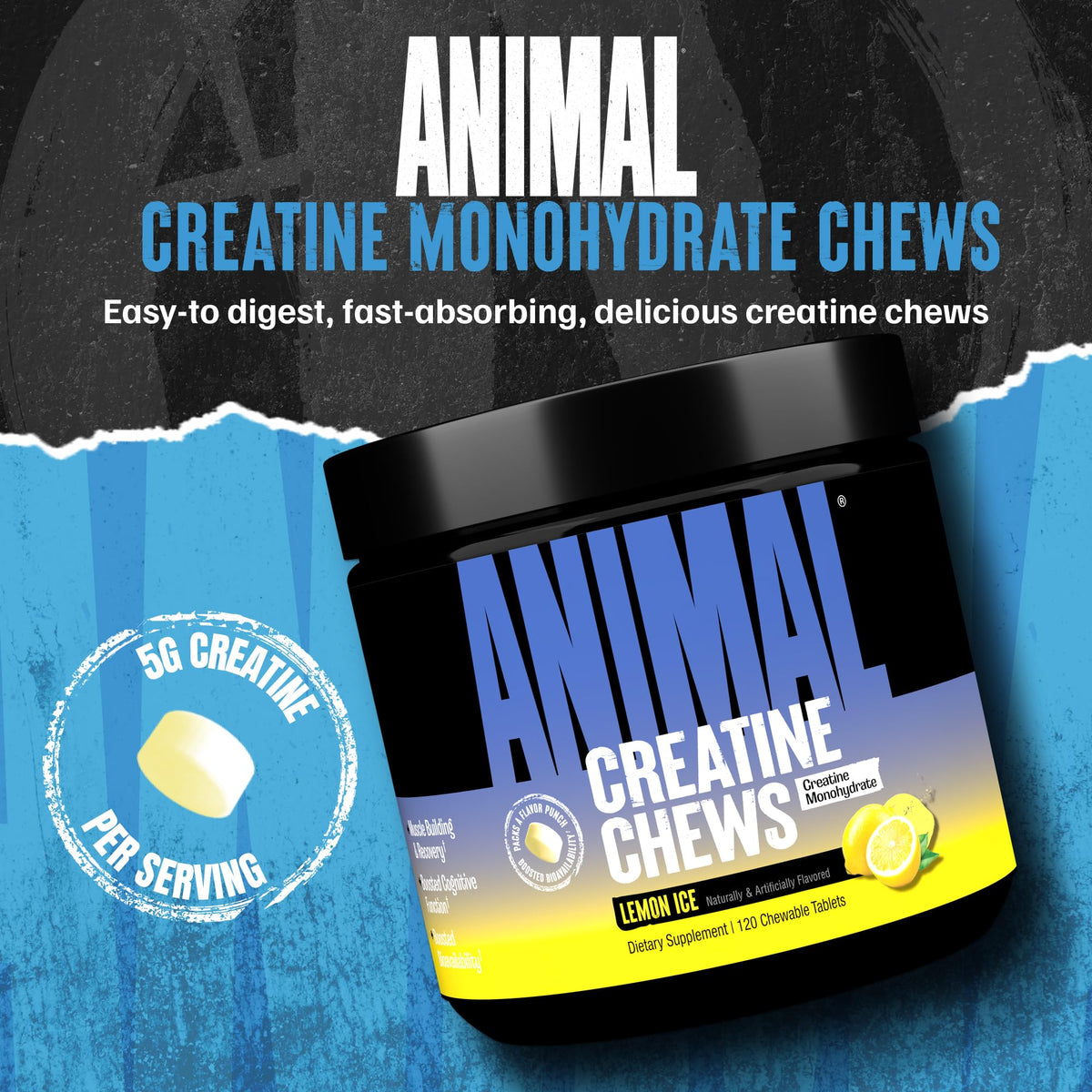 Animal Creatine Chews Tablets - Enhanced Creatine Monohydrate with AstraGin to Improve Absorption, Sea Salt for Added Pumps, Delicious and Convenient Chewable Tablets - Lemon Ice AnimalBuy Supplements Australia