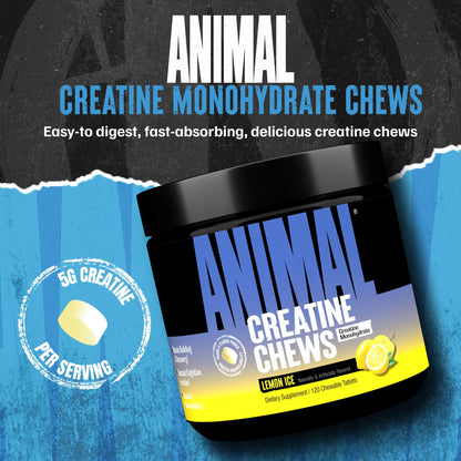 Animal Creatine Chews Tablets - Enhanced Creatine Monohydrate with AstraGin to Improve Absorption, Sea Salt for Added Pumps, Delicious and Convenient Chewable Tablets - Lemon Ice AnimalBuy Supplements Australia