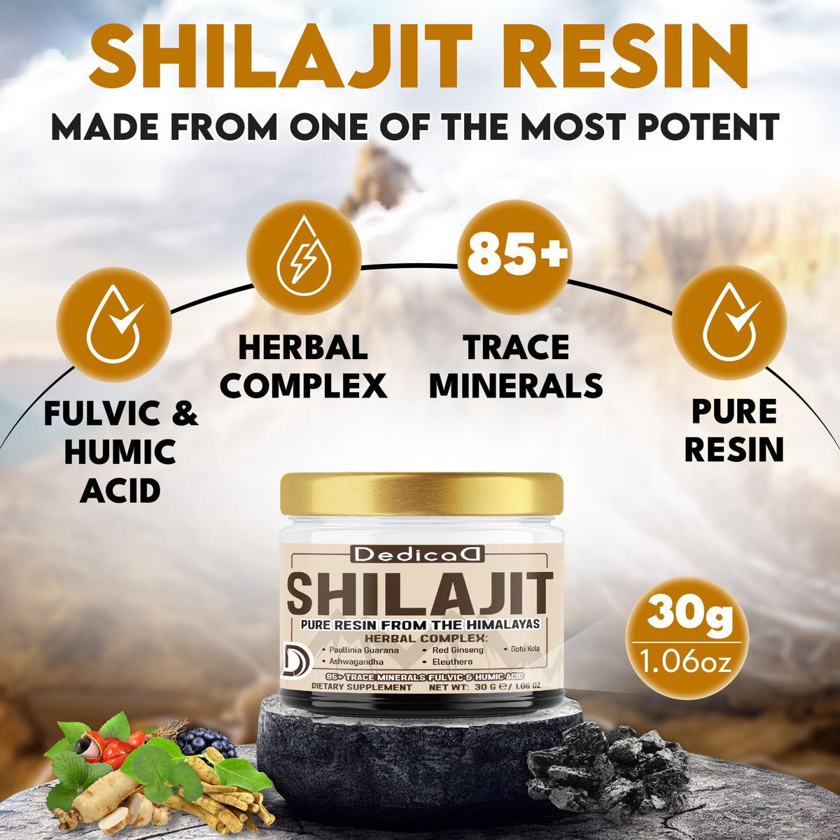 DEDICAD 30g Shilajit Resin with Herbal Complex - Paullinia Guarana, Gotu Kola Leaf & More - Shilajit Pure Himalayan Organic for Immune System, Energy Production, Brain Health & Stamina DEDICAD buy supplements Au