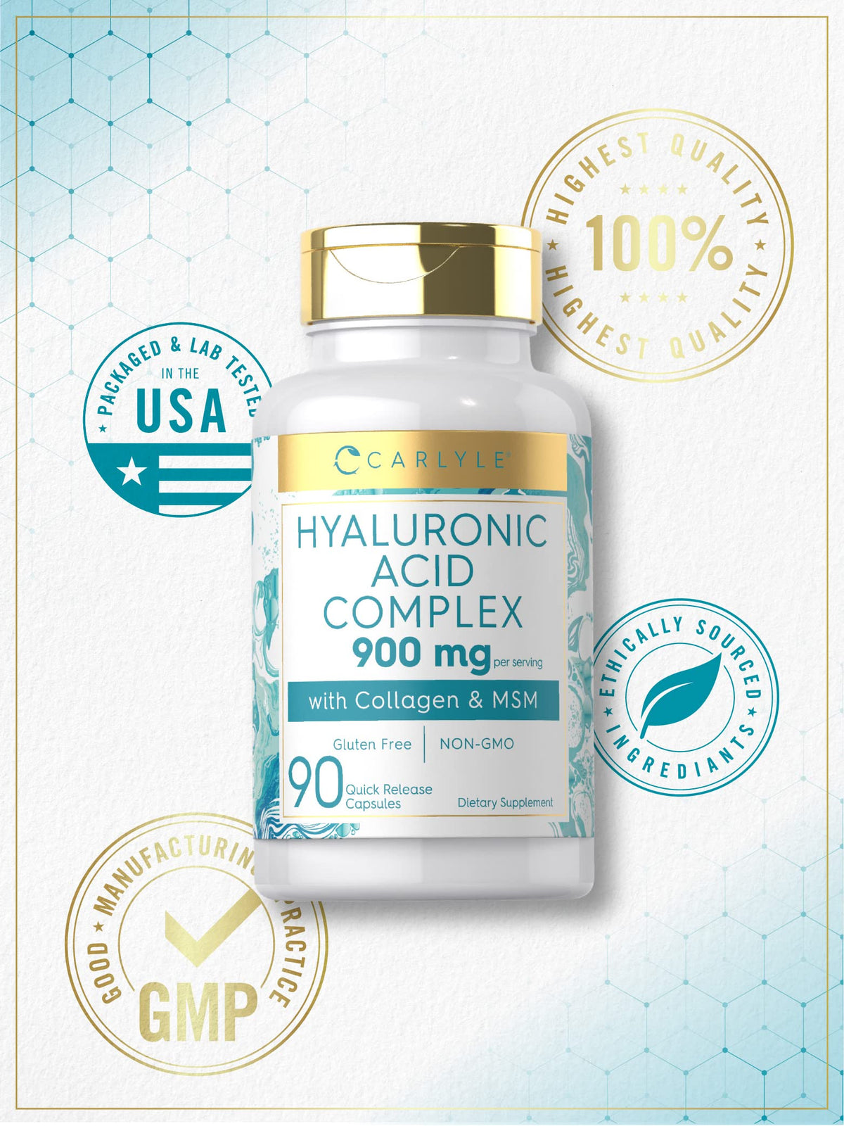 Carlyle Hyaluronic Acid Complex 900 mg | with Collagen and MSM | 90 Capsules | Non-GMO, Gluten Free Supplement Carlyle buy supplements Au