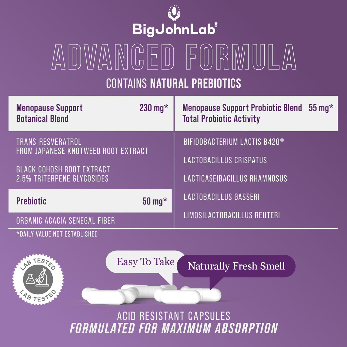 BIGJOHNLAB® - Menopause Total Support – Advanced Probiotic Formula with 5 Strains & 15 Billion CFU, Resveratrol, Black Cohosh, Acacia Fiber, Non-GMO & 100% Vegetarian BIGJOHNLABBuy Supplements Australia