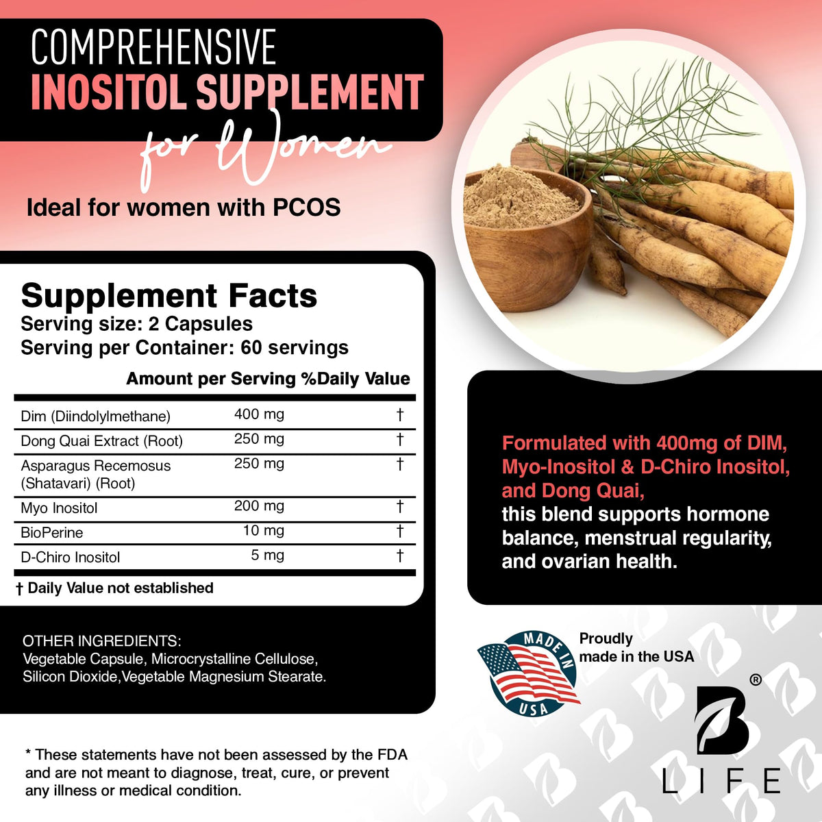 B Life Company DIM Supplement 400 mg with Myo & D-Chiro Inositol, Dong Quai – Hormone Balance for Women – Fertility Supplements – Inositol Supplement - 120 Caps B Life CompanyBuy Supplements Australia