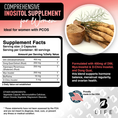 B Life Company DIM Supplement 400 mg with Myo & D-Chiro Inositol, Dong Quai – Hormone Balance for Women – Fertility Supplements – Inositol Supplement - 120 Caps B Life CompanyBuy Supplements Australia