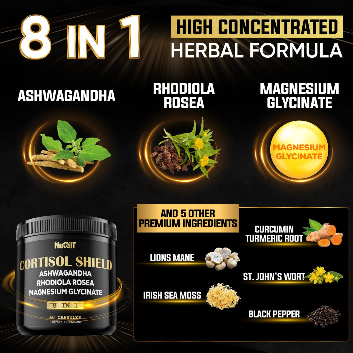 8in1 Cortisol Shield - Ashwagandha and Magnesium, Rhodiola Rosea, Lions Mane, Sea Moss, Turmeric, St Jonh's Wort - Mind& Mood Balance, Rest Well, Support Immume - 60 Capsules NUQIITBuy Supplements Australia