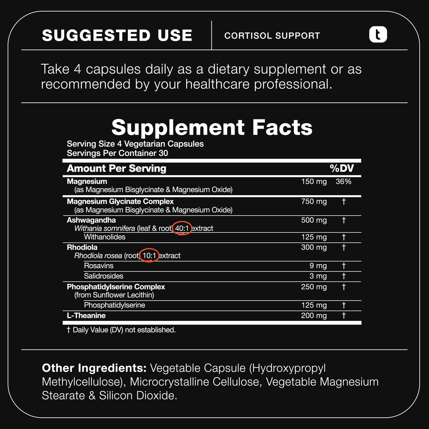 Cortisol Supplement for Women and Men — Calm, Balanced-Strength 5-in-1 Non-Drowsy, Third-Party Tested with Magnesium Glycinate, Ashwagandha, L-Theanine, Phosphatidylserine, Rhodiola — 120 Capsules ToniiqBuy Supplements Australia