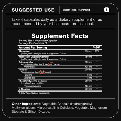 Cortisol Supplement for Women and Men — Calm, Balanced-Strength 5-in-1 Non-Drowsy, Third-Party Tested with Magnesium Glycinate, Ashwagandha, L-Theanine, Phosphatidylserine, Rhodiola — 120 Capsules ToniiqBuy Supplements Australia
