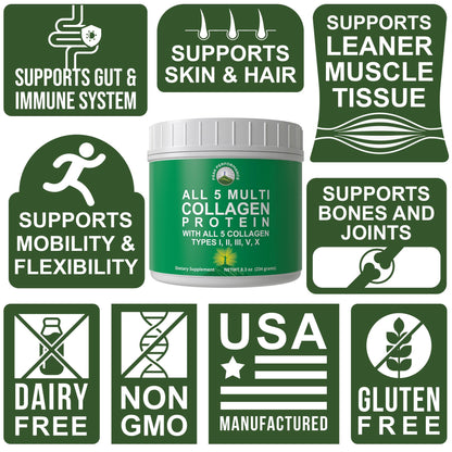 Peak Performance All 5 Multi-Collagen Protein Powder Peptides Multi-Collagen Contains All Types I, II, III,V, X. Keto, Paleo Friendly with Hydrolyzed Bovine, Marine, Chicken, Bone Broth Collagens Peak PerformanceBuy Supplements Australia