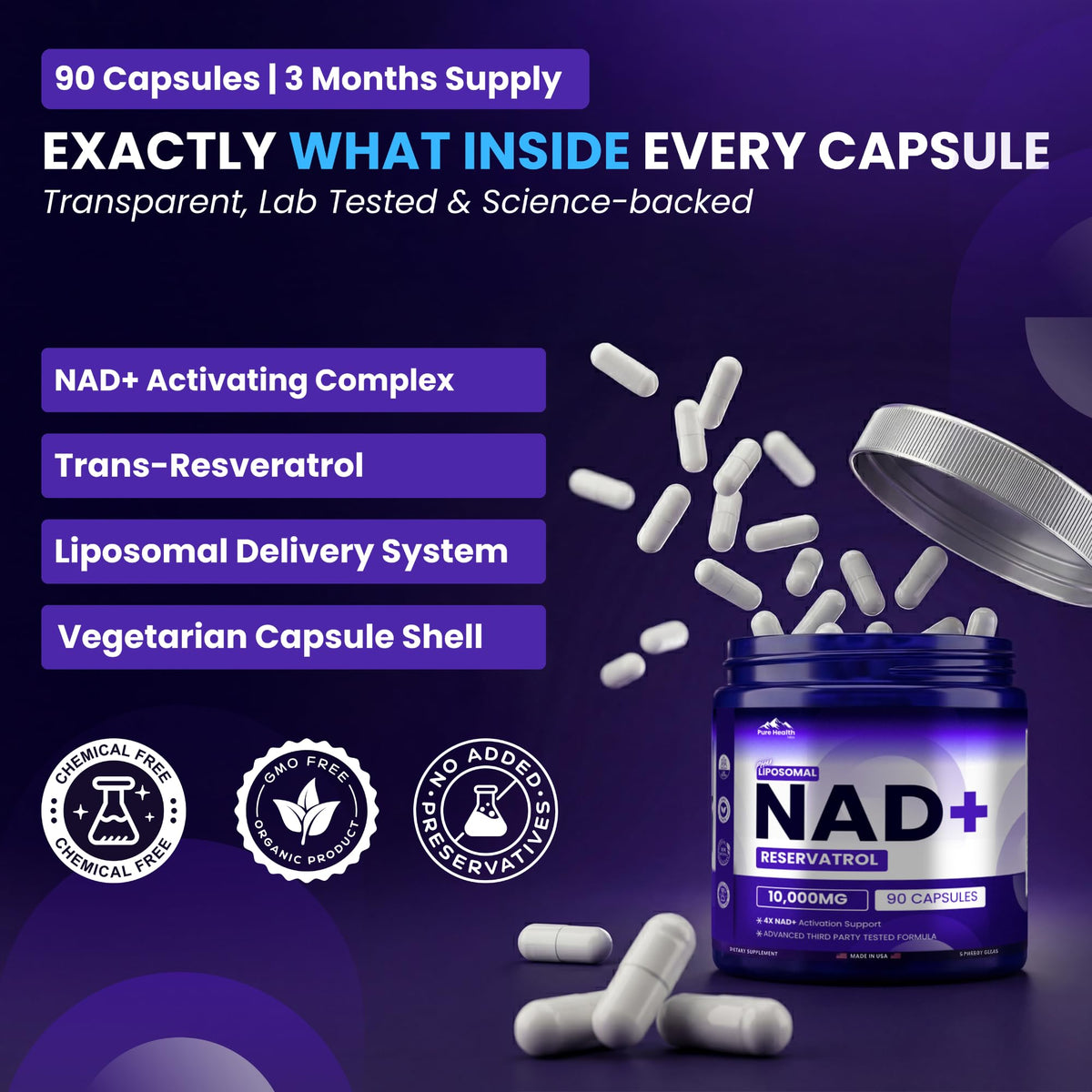 PURE HEALTH MAX PHM NAD Resveratrol Supplement - 10,000MG Extra Strength | NAD+ Liposomal Supplements for Men and Women | NMN & NMNH Alternative | 90 Capsules, 1.5 Months Supply PURE HEALTH MAXBuy Supplements Australia