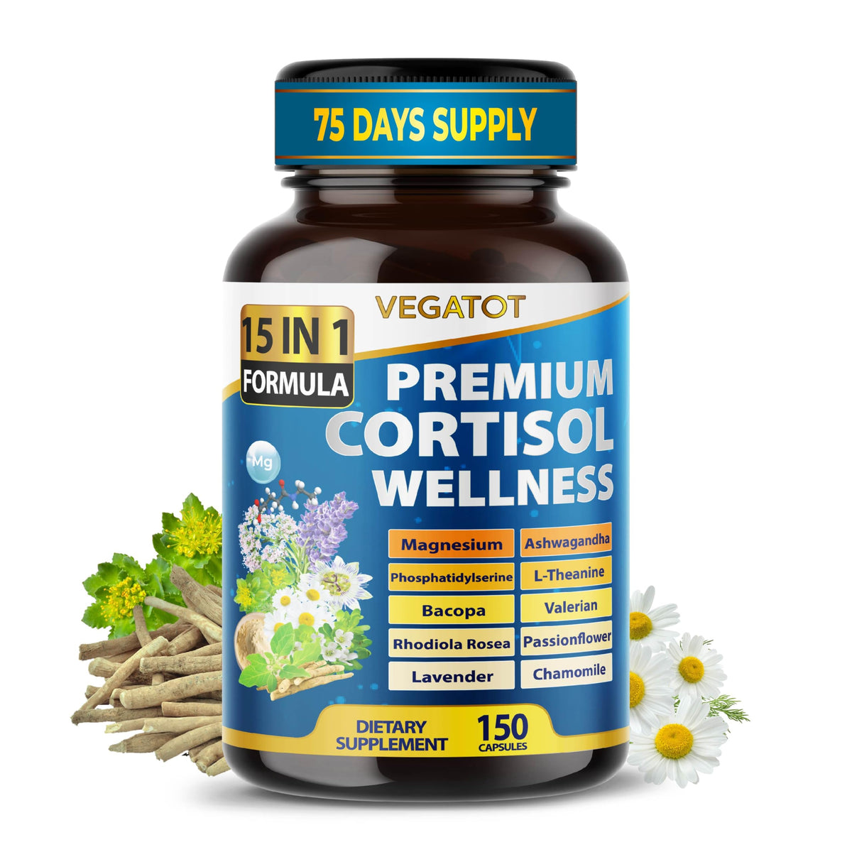 VEGATOT Organic Cortisol Wellness Complex 15-in-1 Formula with Magnesium Ashwagandha St. John's Wort Valerian Rhodiola Rosea Passionflower Chamomile VEGATOTBuy Supplements Australia