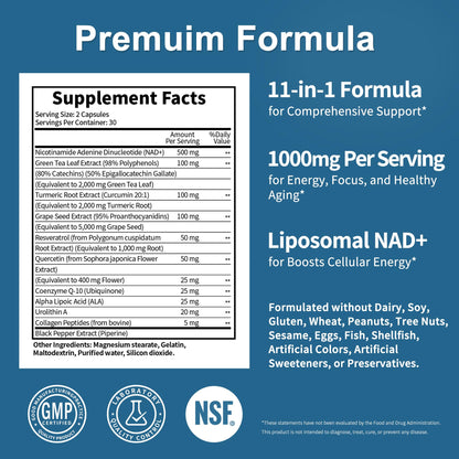 NAD Supplement 11-in-1 Extra Strength – Liposomal NAD with Resveratrol, CoQ10, Urolithin A, ALA & Turmeric – Supports Anti-Aging, Cellular Repair, Energy & Focus – for Women & Men – 60 Capsules JuvaNutraBuy Supplements Australia