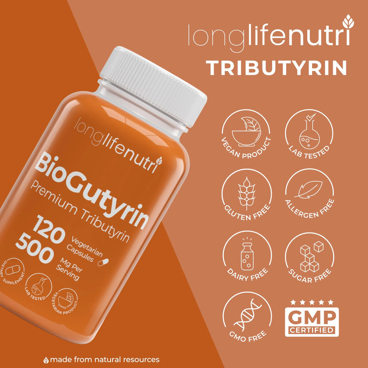 BioGutyrin – Tributyrin 500mg, Postbiotic Supplement for Gut Function & Nutrient Absorption, 120 Vegetarian Capsules, Butyric Acid for Butyrate Production, 4-Month Supply, GMP Certified, Made in USA LongLifeNutriBuy Supplements Australia